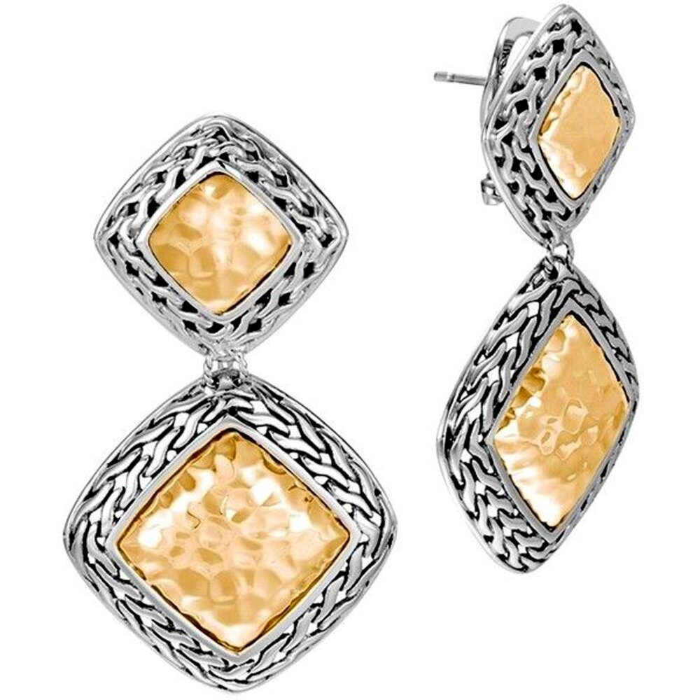 JOHN HARDY PALU HAMMERED 18kt GOLD SILVER DROP EARRINGS STUNNING